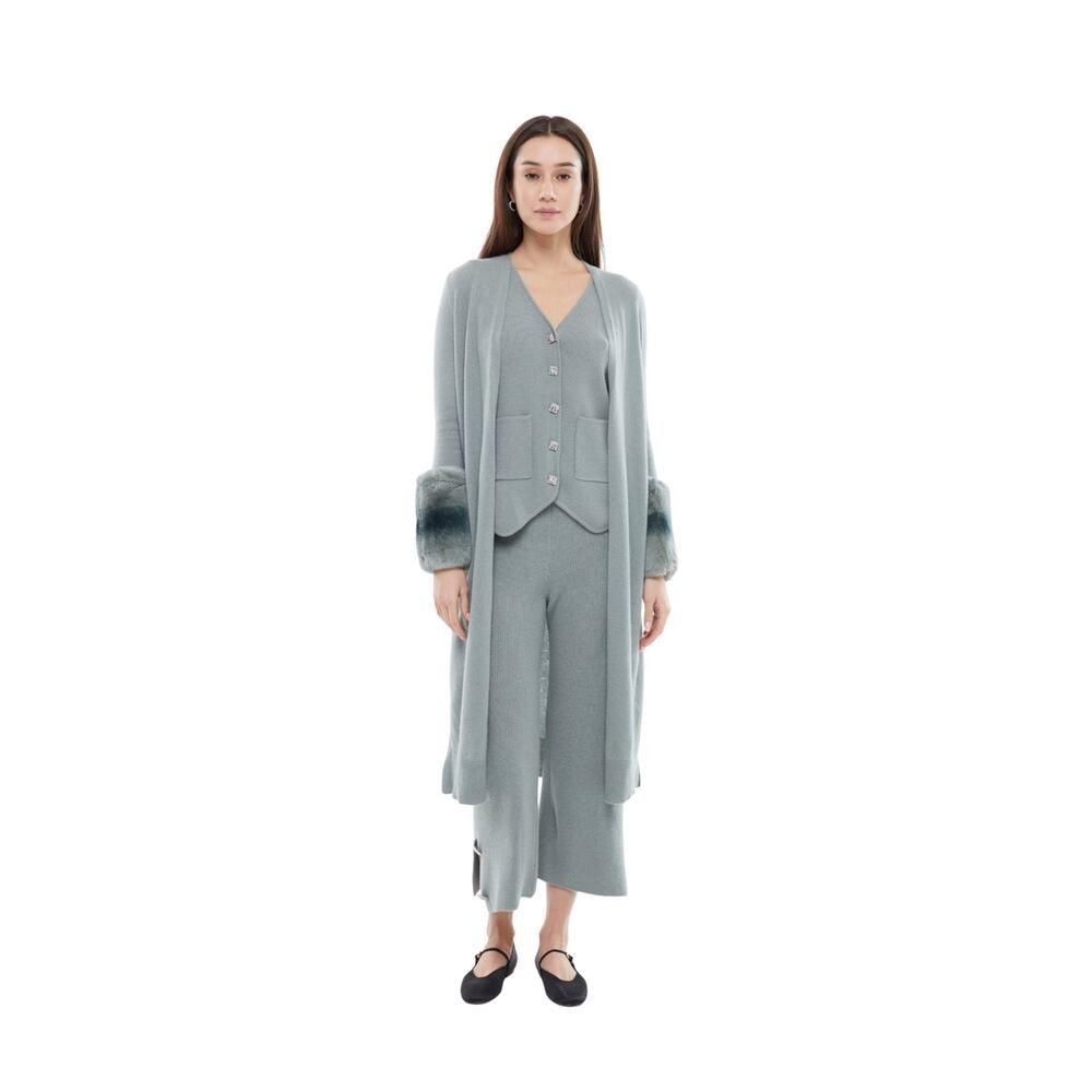 Izaak Azanei long cardigan in meadow wool-cashmere faux fur cuffs Small